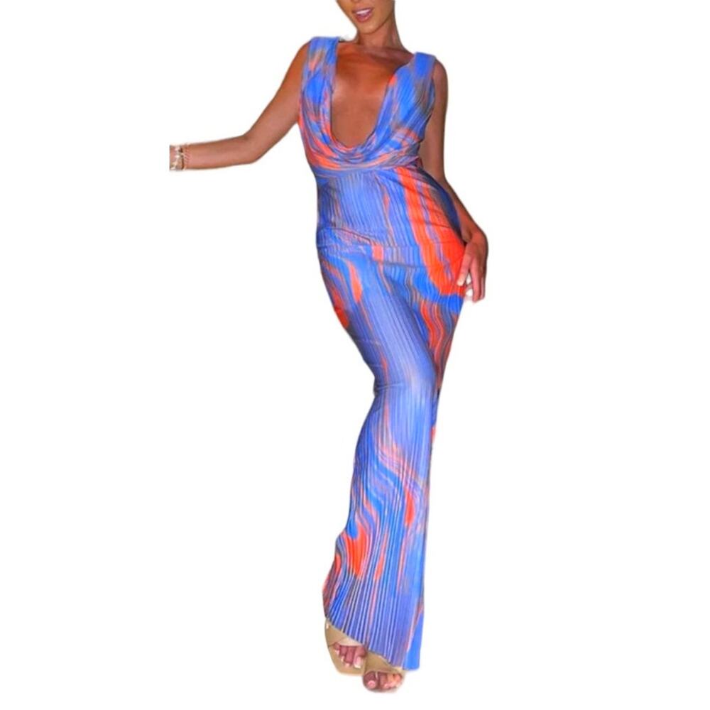 Commense Women's Small Blue Red Flaming Passions Cowl Neck Sleeveless Maxi Dress